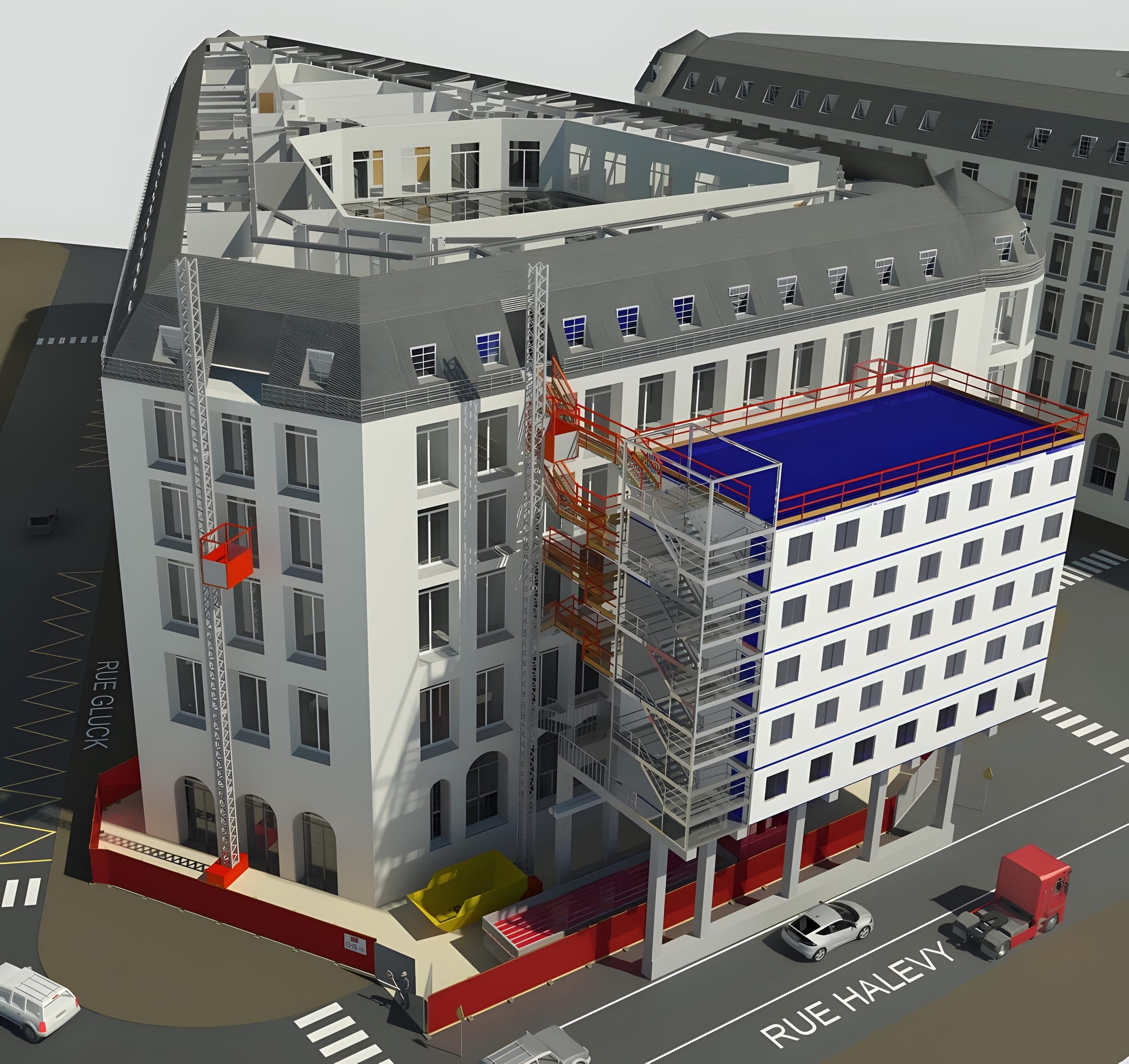 Modélisation 3D d'un immeuble rue Halévy avec échafaudages et installations de chantier