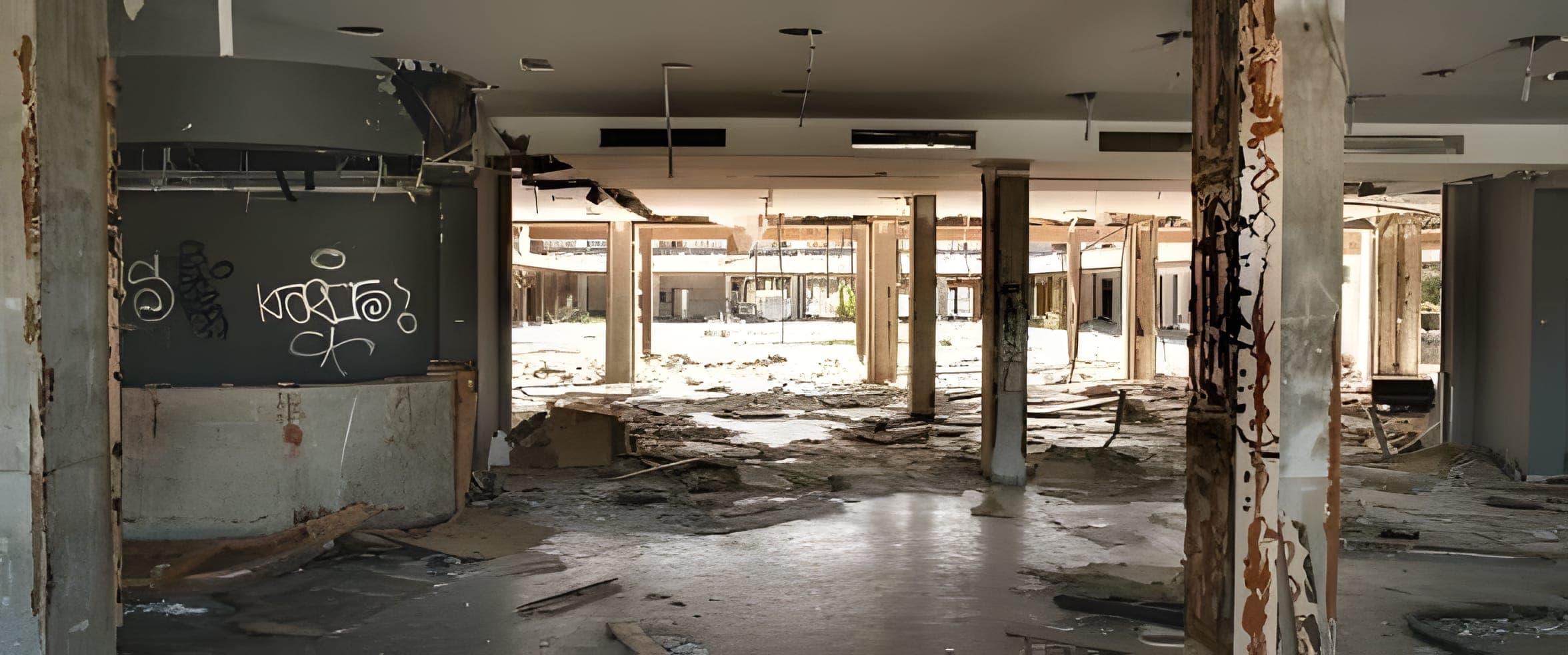 Plateau intérieur mis à nu après curage, poteaux en béton et gravats au sol