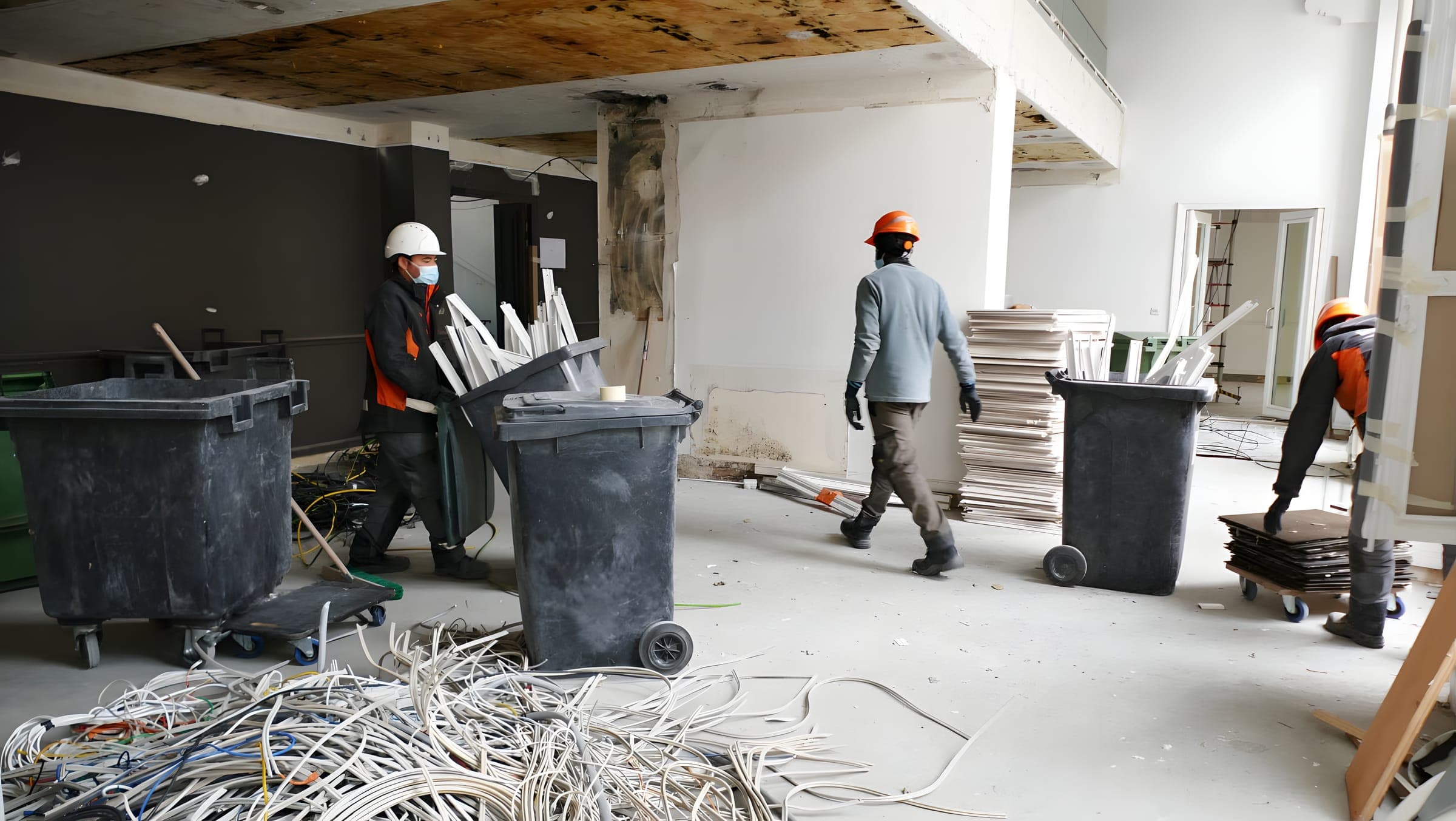 Compagnons CDD évacuant les déchets triés en bacs roulants pendant un curage intérieur